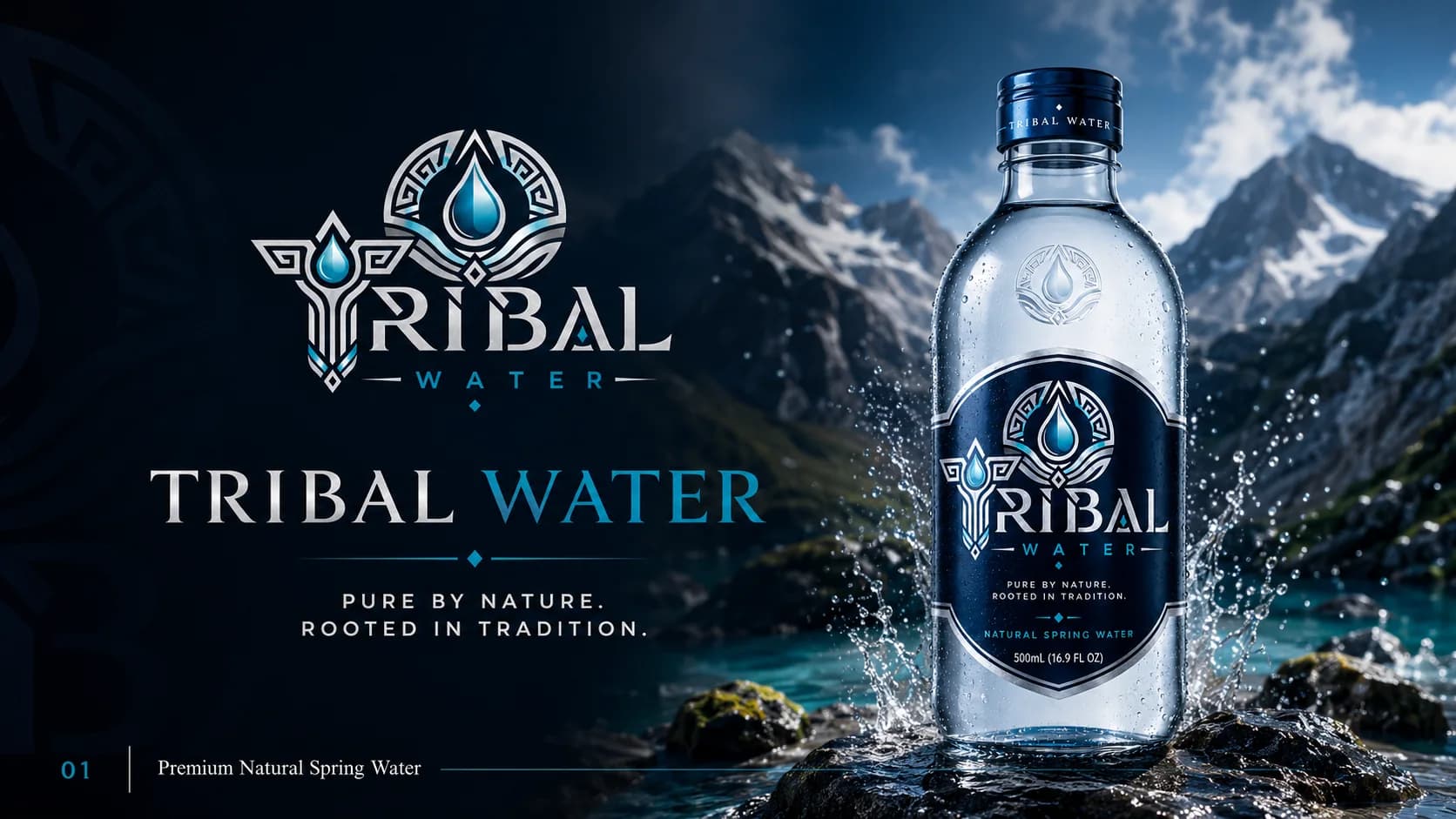 Tribal Water identity study in obsidian, gold, and copper